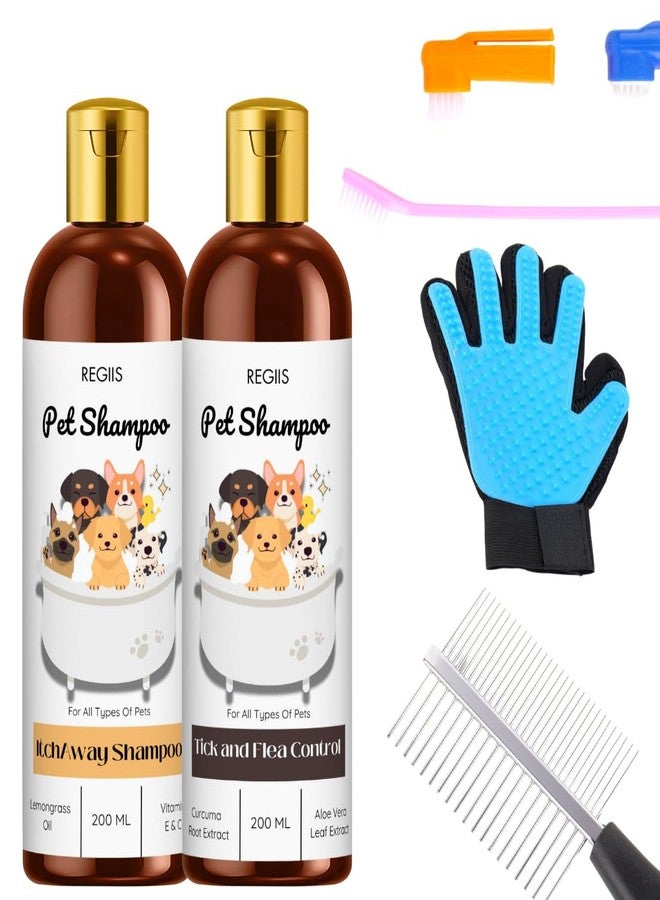 مجموعة العناية بالحيوانات الأليفة مع مجموعة شامبو، 2 × 200 مل شامبو طبيعي للحيوانات الأليفة، مكافحة القراد والبراغيث، قفاز إزالة الشعر الزائد، مشط للكلاب والقطط (عبوة من 5 قطع) - Image 1